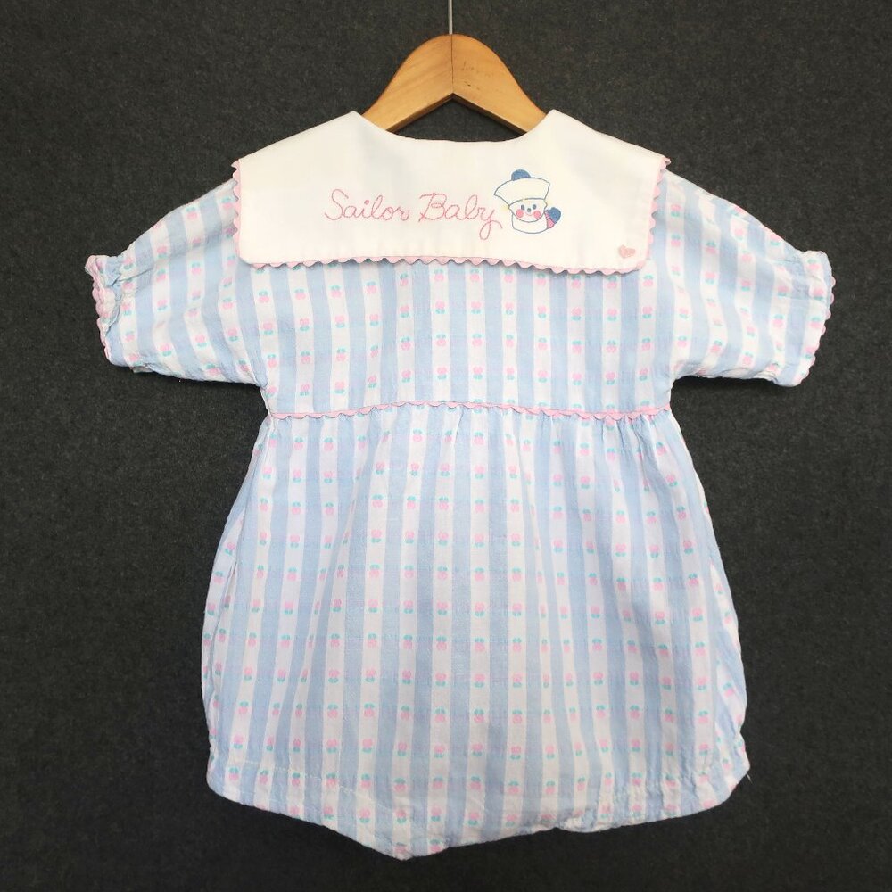 60s/70s Health-tex  Sailor Bubble Romper Baby 18M Pink Blue Striped Roses VTG
